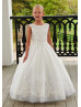 Beaded Ivory Lace Glitter Tulle Rustic Flower Girl Dress